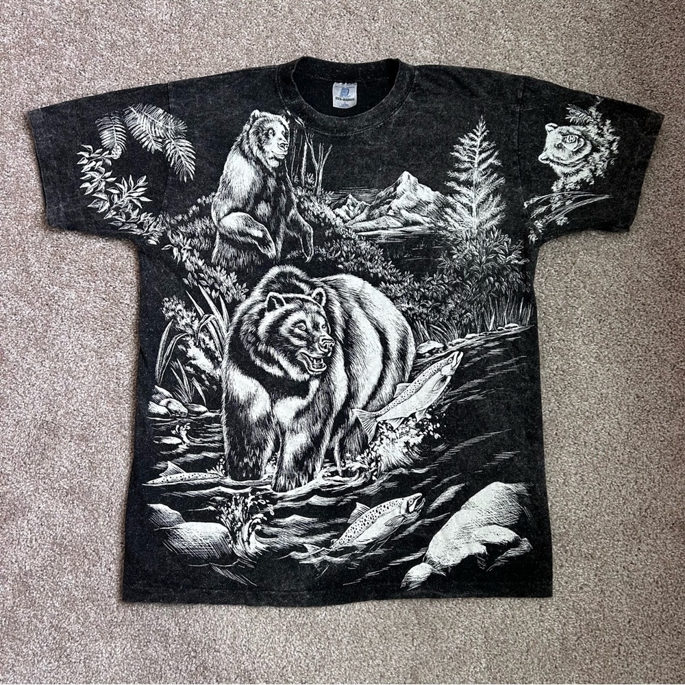 Vtg 90s Belton All Over Print Grizzly Bear Salmon T-Shirt Lg USA Made Wildlife